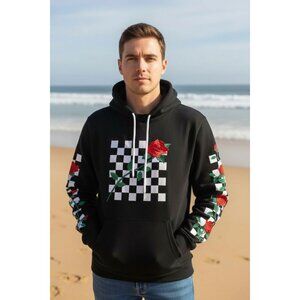 Brooklyn Cloth Black Hoodie With Rose & Checkerboard Embroidery Design M Grunge